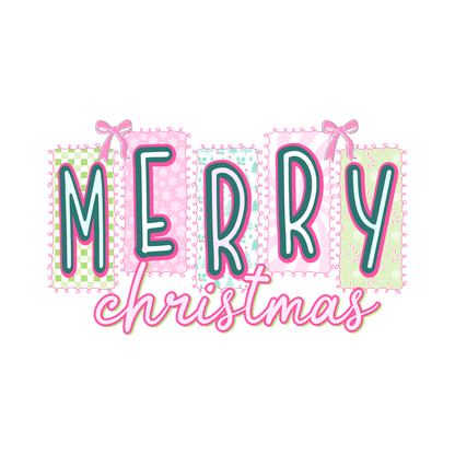 Festive "Merry Christmas" design in cheerful pastel colors with playful patterns.DTF Transfers