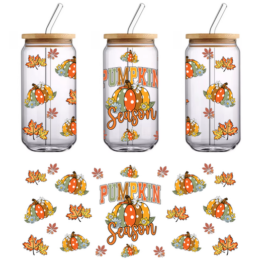 Celebrate the warmth of autumn with this vibrant "Pumpkin Season" design featuring colorful pumpkins and playful fall leaves.UV Transfers dtf transfers