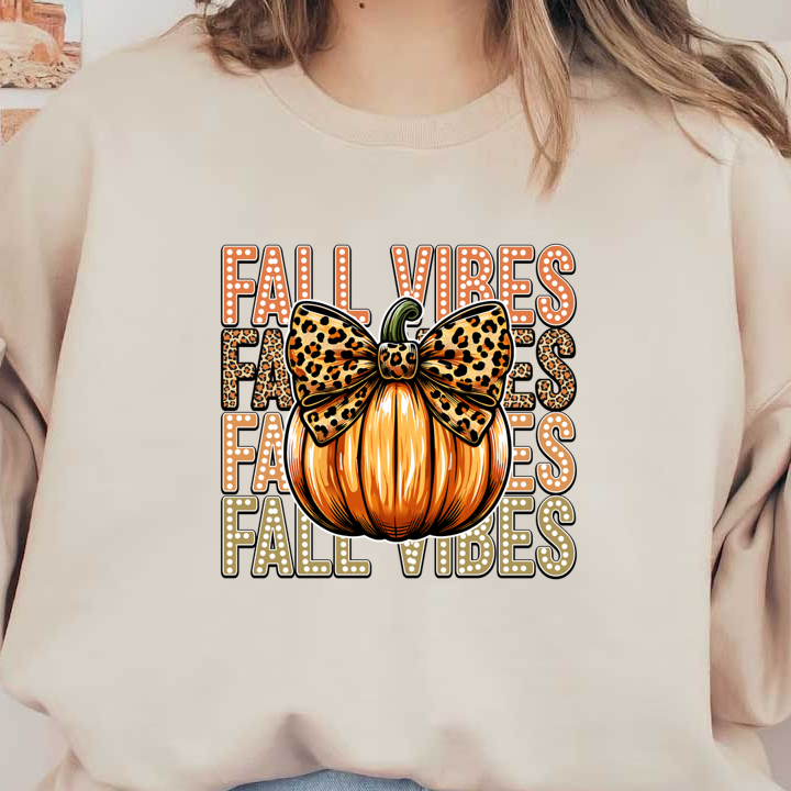 A vibrant orange pumpkin with a leopard print bow, featuring "Fall Vibes" text in the background for seasonal charm. dtf prints