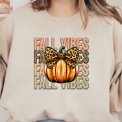 A vibrant orange pumpkin with a leopard print bow, featuring "Fall Vibes" text in the background for seasonal charm. dtf prints