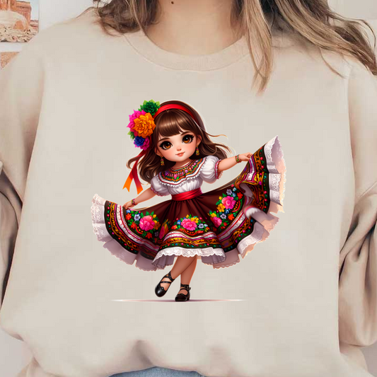 A charming girl twirls in a colorful, floral-embroidered traditional dress, adorned with vibrant flowers and ribbons in her hair.dtf regular iron