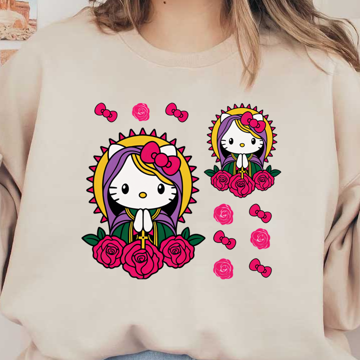 A colorful illustration of Hello Kitty styled as a saint, surrounded by vibrant roses and pink bows, radiates charm and whimsy.DTF Transfers heat press transfers