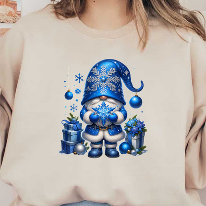 A cheerful blue gnome holds a snowflake, surrounded by festive ornaments and presents, capturing a whimsical winter spirit.DTF Transfers heat press transfers