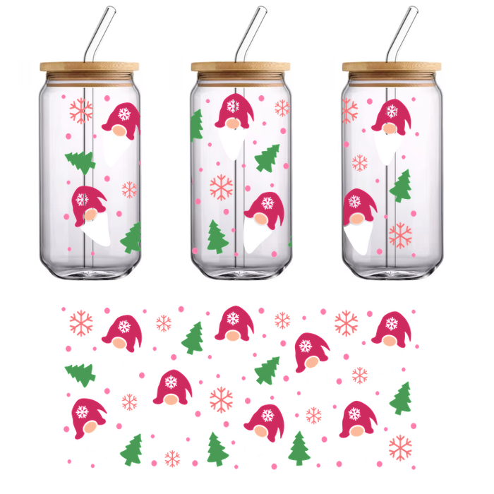 A festive pattern featuring cheerful gnomes with pink hats, surrounded by Christmas trees, snowflakes, and pink ornaments on a black background.UV Transfers dtf transfers