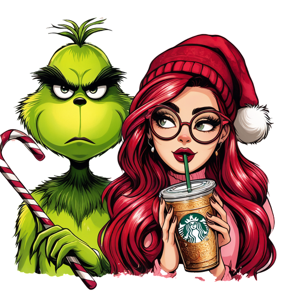 The Grinch stands grumpily next to a stylish girl sipping Starbucks, both embracing a whimsical holiday theme.DTF Transfers