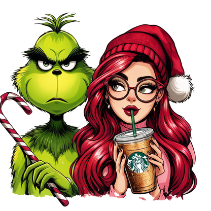 The Grinch stands grumpily next to a stylish girl sipping Starbucks, both embracing a whimsical holiday theme.DTF Transfers