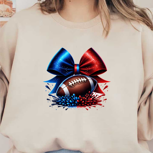A vibrant illustration featuring a football adorned with a blue and red glittery bow, celebrating sports and festive spirit.DTF Transfers heat press transfers