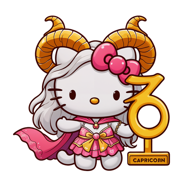 This adorable illustration features a character styled as a Capricorn, complete with horn accents and a vibrant outfit, holding a zodiac symbol.DTF Transfers