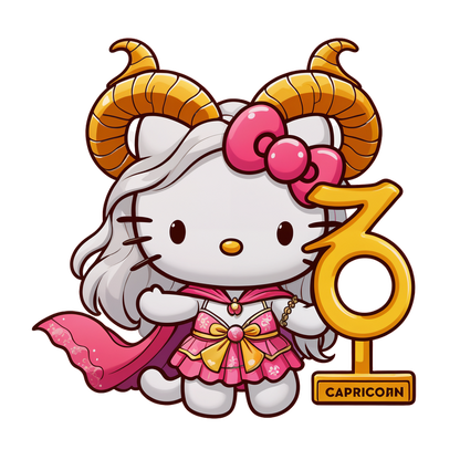 This adorable illustration features a character styled as a Capricorn, complete with horn accents and a vibrant outfit, holding a zodiac symbol.DTF Transfers