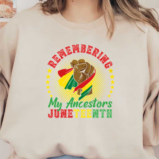 Celebrate Juneteenth with this vibrant graphic honoring ancestors, featuring a raised fist and colorful African-inspired stripes.dtf regular iron