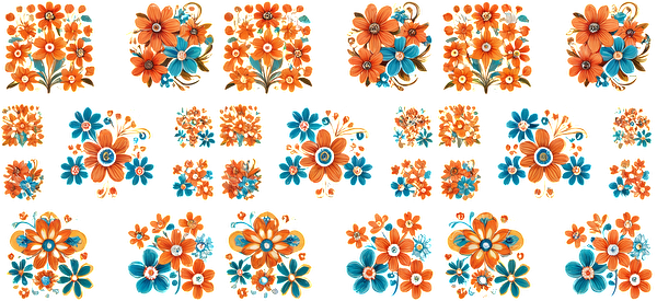 A vibrant collection of floral designs featuring orange and blue flowers, perfect for decorative crafts and embellishments.UV Transfers dtf prints