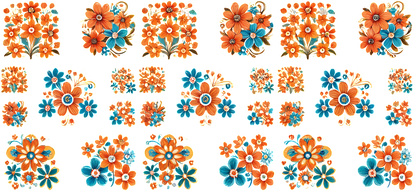 A vibrant collection of floral designs featuring orange and blue flowers, perfect for decorative crafts and embellishments.UV Transfers dtf prints