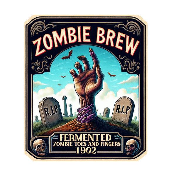 Una peculiar etiqueta de estilo vintage para "Zombie Brew", que presenta una mano que emerge del suelo y celebra los dedos de las manos y los pies fermentados de un zombi.