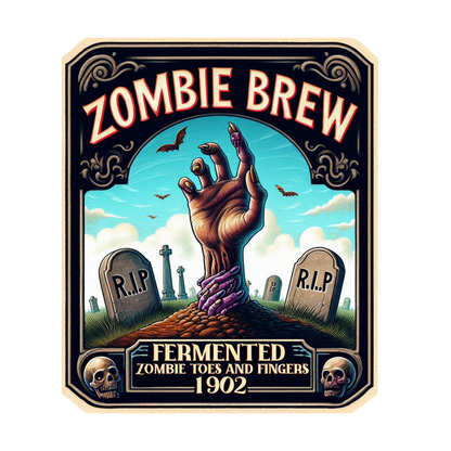 Una peculiar etiqueta de estilo vintage para "Zombie Brew", que presenta una mano que emerge del suelo y celebra los dedos de las manos y los pies fermentados de un zombi.