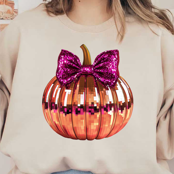 This sparkling pumpkin features a shiny, mirrored surface and a vibrant pink sequined bow, perfect for festive decor.