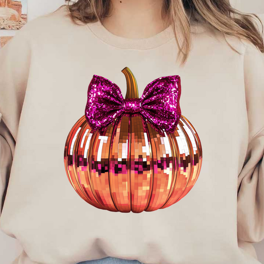 This sparkling pink and orange pumpkin features a glamorous sequined bow, perfect for festive autumn or Halloween decor.