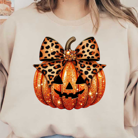 This festive Halloween pumpkin features a sparkling orange body, a playful face, and a stylish leopard-print bow.