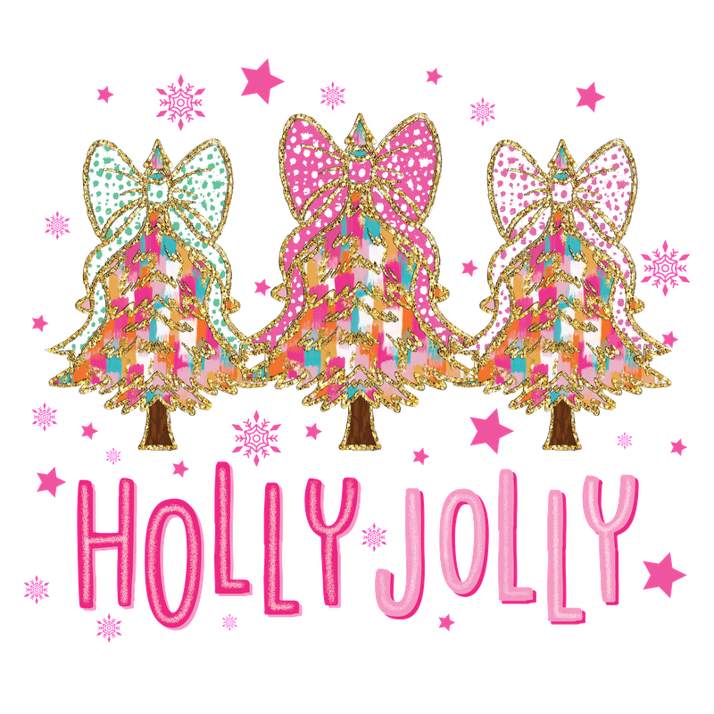 Celebrate the festive season with this cheerful "Holly Jolly" design featuring colorful Christmas trees adorned with vibrant bows and sparkles!DTF Transfers