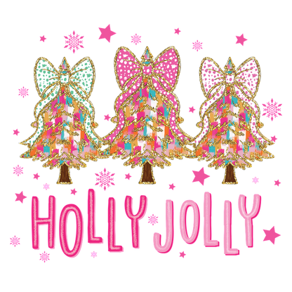 Celebrate the festive season with this cheerful "Holly Jolly" design featuring colorful Christmas trees adorned with vibrant bows and sparkles!DTF Transfers