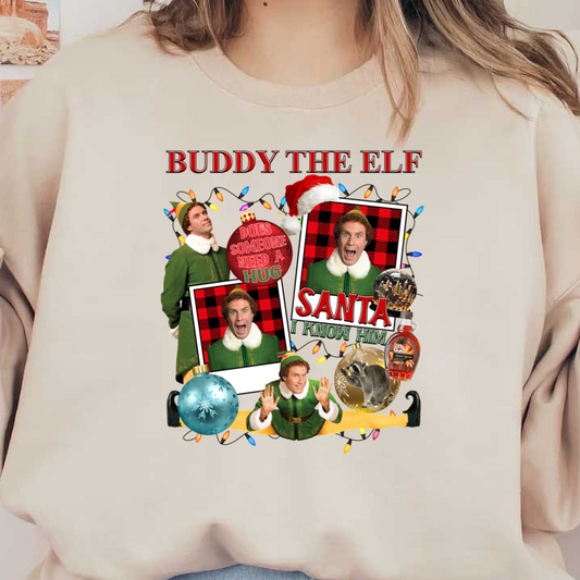 This playful holiday design features "Buddy the Elf," surrounded by festive elements like ornaments, quotes, and Christmas lights for a joyful spirit.DTF Transfers heat press transfers