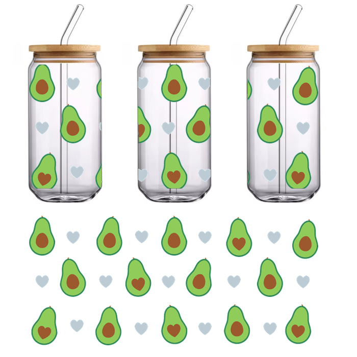 A playful pattern of avocados and hearts, featuring green fruits with brown pits and light gray hearts on a black background.UV Transfers heat press transfers