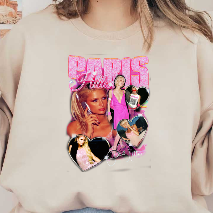 A vibrant collage featuring Paris Hilton in various glamorous outfits, showcasing her iconic style with playful heart-shaped frames.DTF Transfers dtf prints