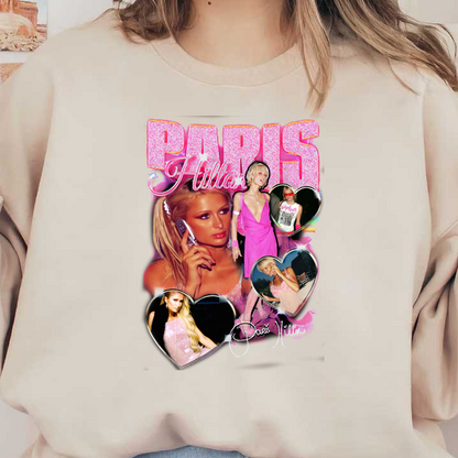 A vibrant collage featuring Paris Hilton in various glamorous outfits, showcasing her iconic style with playful heart-shaped frames.DTF Transfers dtf prints