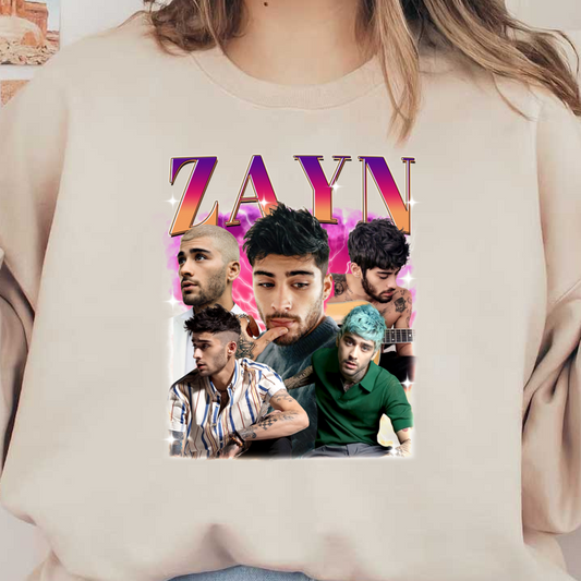 A vibrant collage of Zayn showcasing his diverse looks and styles, highlighted with colorful backgrounds and bold text.DTF Transfers heat press transfers