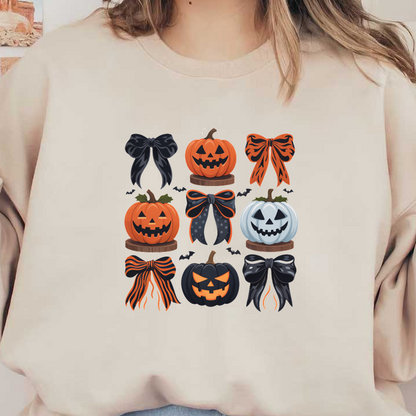 Una colorida colección de calabazas y lazos con temática de Halloween, con diseños sonrientes y espeluznantes en naranja, negro y blanco.