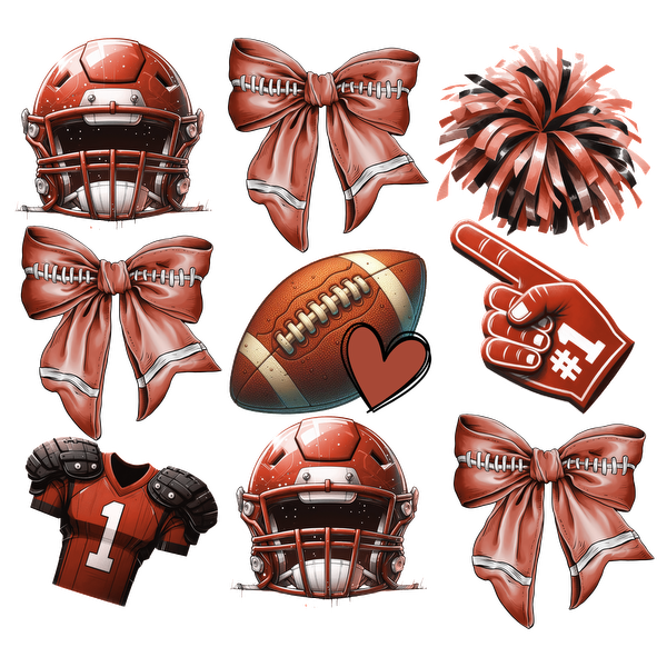 A vibrant collection of football-themed illustrations featuring helmets, jerseys, bows, a football, a foam finger, and a pom-pom. dtf transfers