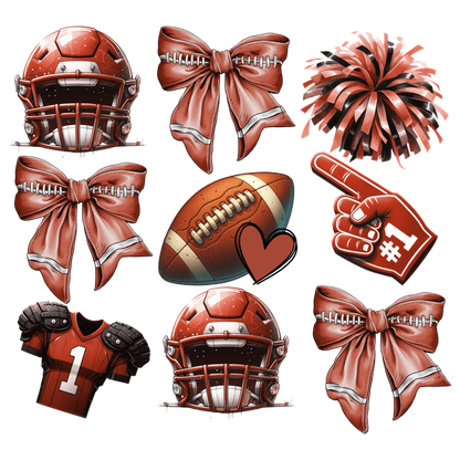 A vibrant collection of football-themed illustrations featuring helmets, jerseys, bows, a football, a foam finger, and a pom-pom. dtf transfers