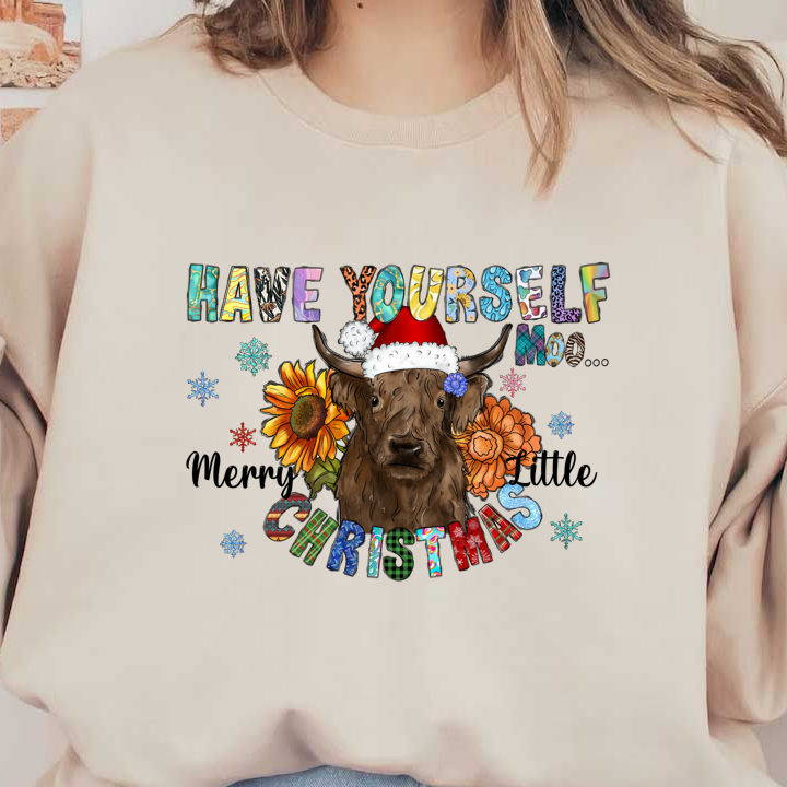 Celebrate the holidays with this festive design featuring a decorated cow, vibrant flowers, and cheerful typography.DTF Transfers dtf prints