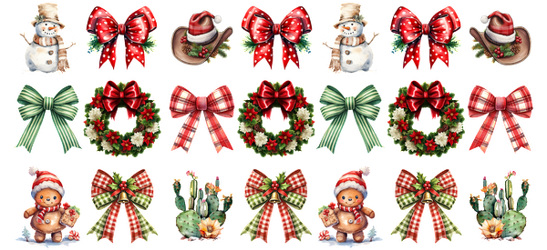 A festive collection of Christmas-themed decorations, featuring snowmen, wreaths, bows, and cheerful characters, perfect for holiday cheer.UV Transfersdtf regular iron