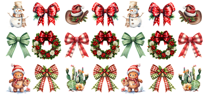 A festive collection of Christmas-themed decorations, featuring snowmen, wreaths, bows, and cheerful characters, perfect for holiday cheer.UV Transfersdtf regular iron