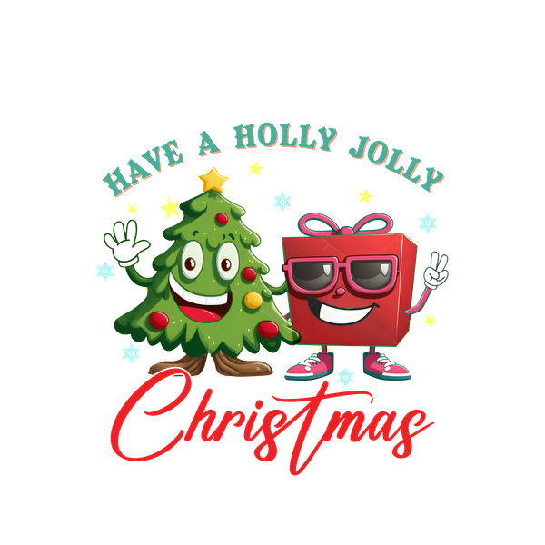 Celebrate with a cheerful cartoon Christmas tree and gift, complete with festive text wishing a "Holly Jolly Christmas!"dtf regular iron