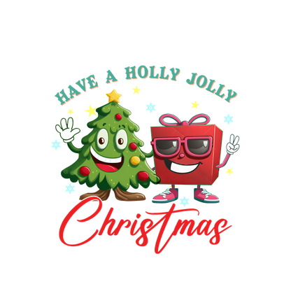 Celebrate with a cheerful cartoon Christmas tree and gift, complete with festive text wishing a "Holly Jolly Christmas!"dtf regular iron