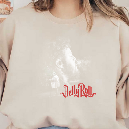 A striking graphic featuring an abstract design with the name "JellyRoll" prominently displayed in decorative red letters.DTF Transfers heat press transfers