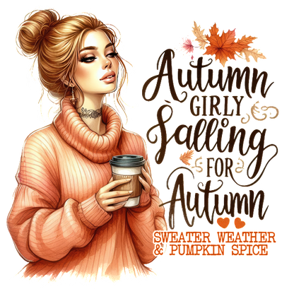 A cozy illustration of a girl in a warm sweater enjoying pumpkin spice, celebrating the beauty of autumn.dtf regular iron