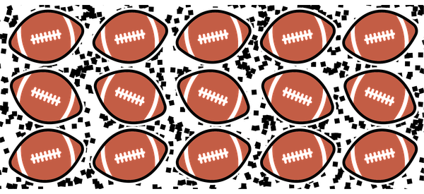 A seamless pattern of footballs on a black background, featuring classic brown leather design and laces.UV Transfers dtf transfers