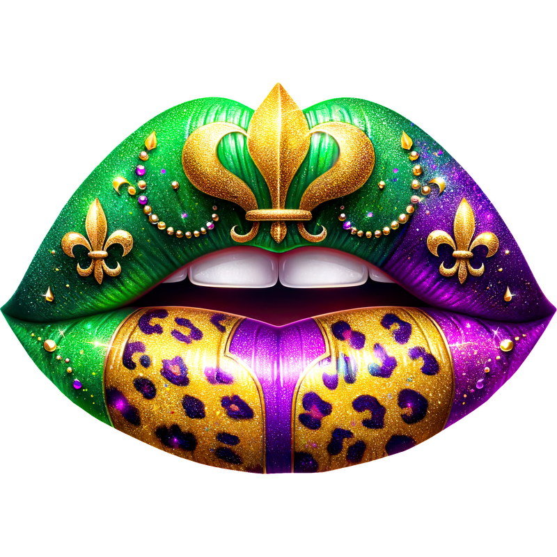 Vibrantly decorated lips featuring green, purple, and gold hues, embellished with leopard print and festive designs, perfect for celebration.DTF Transfers