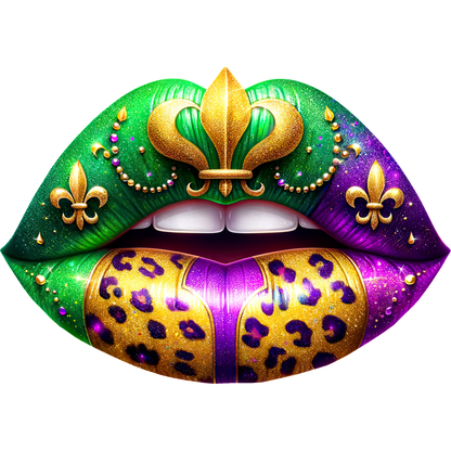 Vibrantly decorated lips featuring green, purple, and gold hues, embellished with leopard print and festive designs, perfect for celebration.DTF Transfers