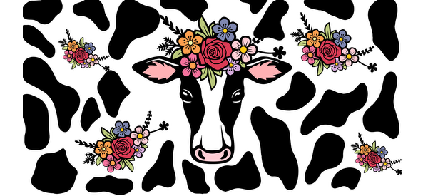 A charming illustration of a cow adorned with a floral crown and flowers.UV Transfers