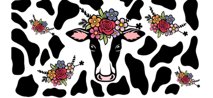 A charming illustration of a cow adorned with a floral crown and flowers.UV Transfers