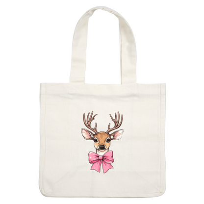 A charming illustration of a deer with antlers, adorned with a cute pink bow, capturing a playful and whimsical vibe.dtf regular iron