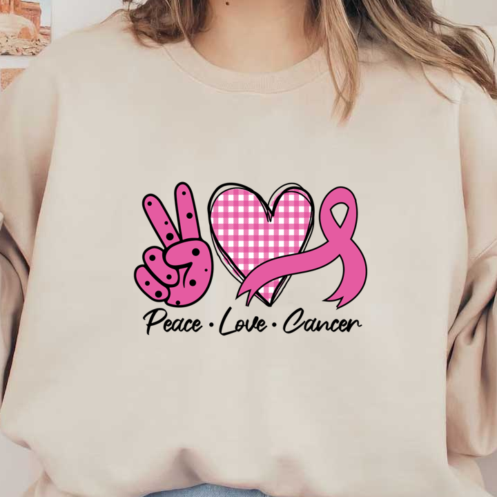 A vibrant design featuring a peace sign, a pink gingham heart, and a pink awareness ribbon, symbolizing love and support. dtf transfers