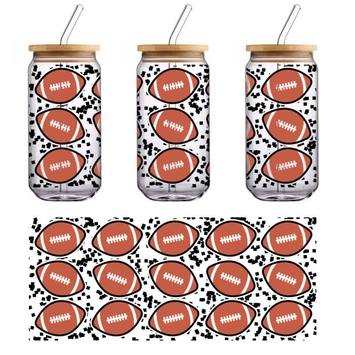 A seamless pattern of footballs on a black background, featuring classic brown leather design and laces.UV Transfers dtf transfers