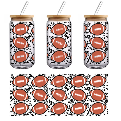 A seamless pattern of footballs on a black background, featuring classic brown leather design and laces.UV Transfers dtf transfers