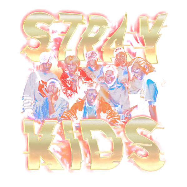 Un gráfico vibrante que presenta al grupo de K-pop Stray Kids, resaltado con un texto llamativo y colorido y un fondo animado. Transferencias DTF