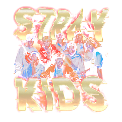 Un gráfico vibrante que presenta al grupo de K-pop Stray Kids, resaltado con un texto llamativo y colorido y un fondo animado. Transferencias DTF