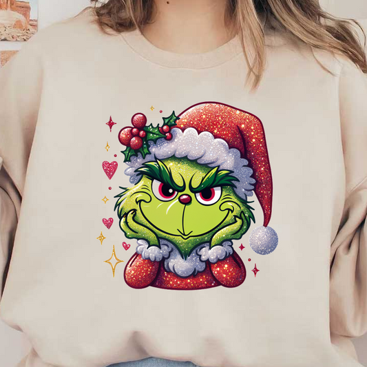 A whimsical, glittery illustration of the Grinch in a festive Santa hat, exuding a mischievous charm with holiday accents.DTF Transfers heat press transfers